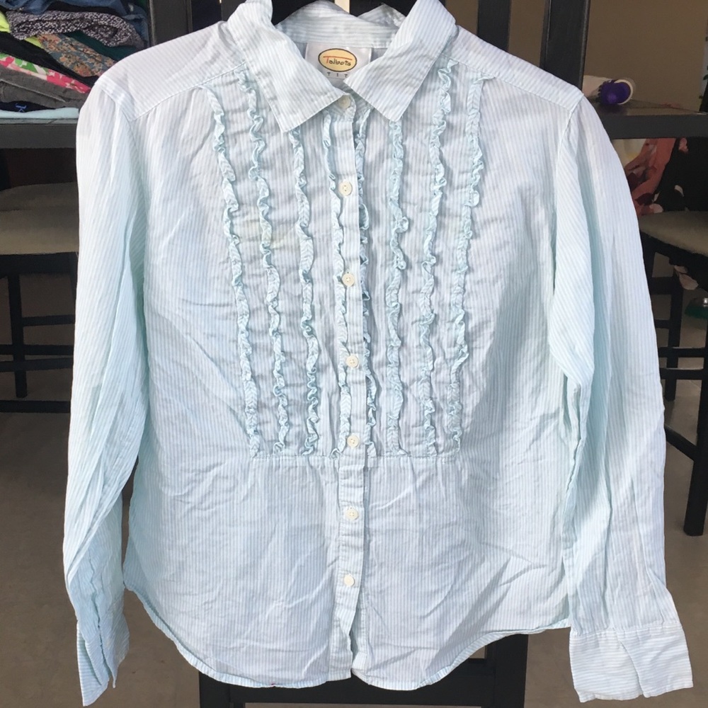 Talbots pinstripe ruffle blouse